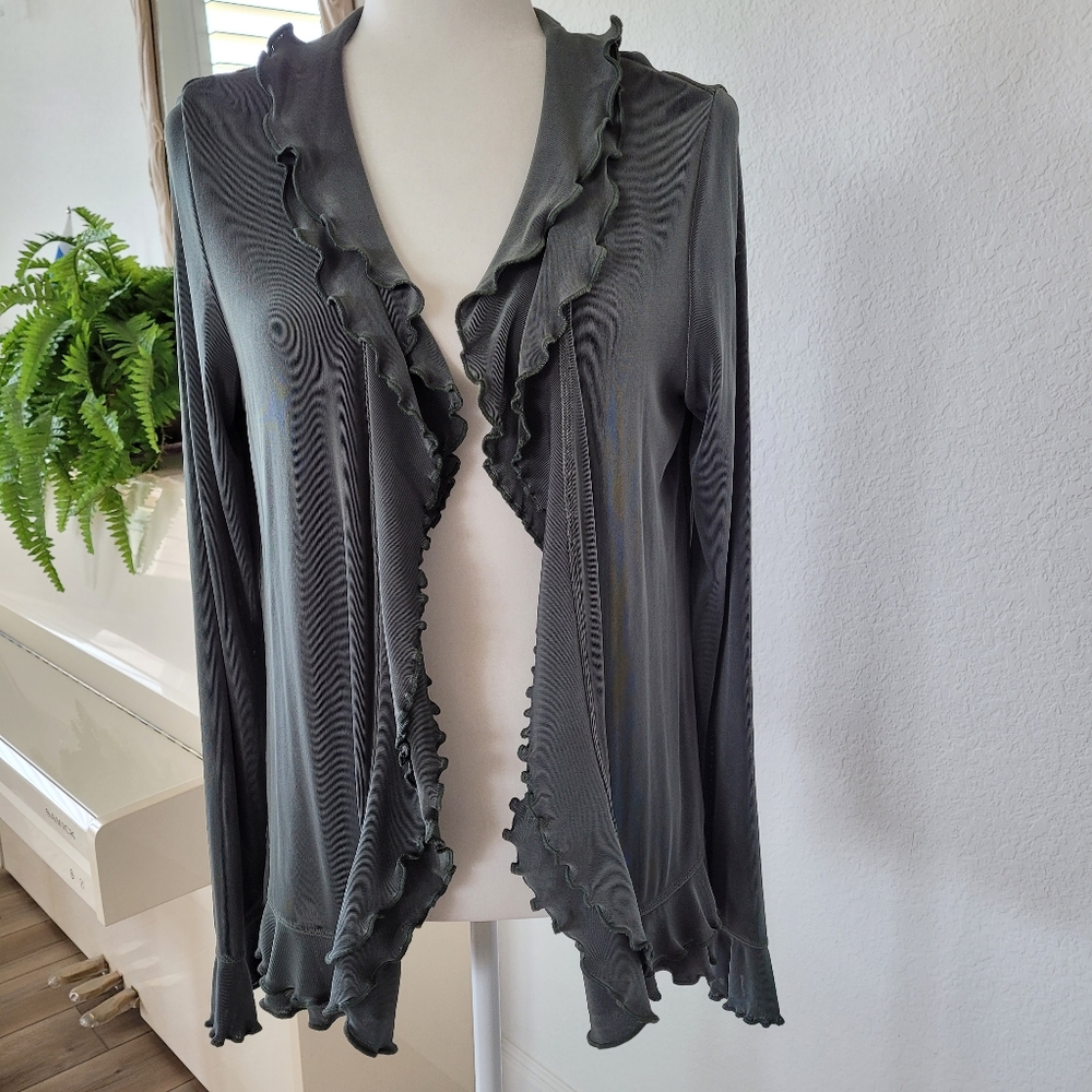 New Boston Proper Olive Green Ruffled Stretch Cardigan, size M